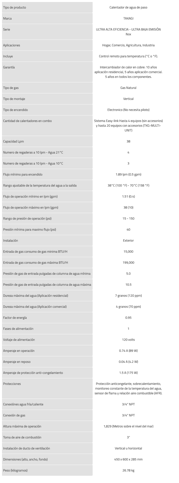 Calentador de Agua sin Tanque uso Exterior (38 lpm / Gas Natural), Ultra Alta Eficiencia - Ultra Baja Emisión NOx en Monterrey